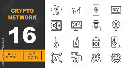 Exclusive Crypto Network line icon collection. Containing cloud, chart, qrcode, laptop, safe, monitor, hacker, location, key, blockchain. Editable stroke.