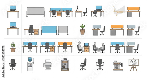 Collection of office furniture and equipment illustrations.