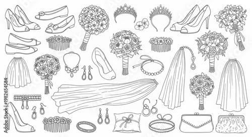 Wedding accessories illustration, bridal shoes, bouquets, and jewelry.