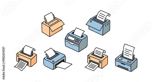 Collection of various office printers and copiers with paper output.