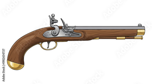 Detailed illustration of a vintage flintlock pistol with a wooden grip and brass accents, showcasing its historical design.