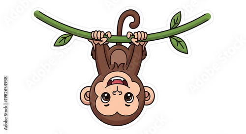Charming cartoon baby monkey hanging playfully upside down from a green tree branch with a cheerful smile