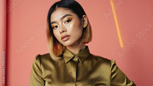 front view of fashion model with blond short hairs and wearing olive green shirt on pastel background.ai 