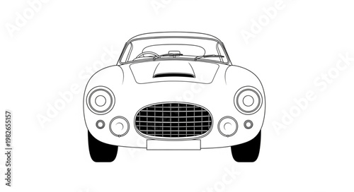 Vintage Sports Car Front View Line Art Illustration.