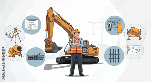 Construction Worker with Excavator and Project Elements