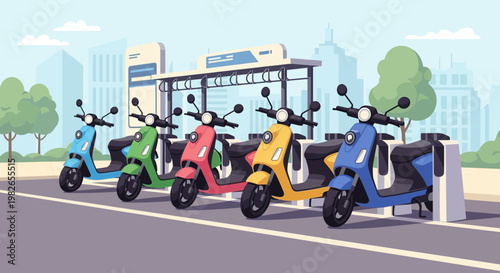 Colorful electric scooters parked side by side.