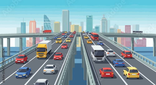 Cars and trucks on highway road.