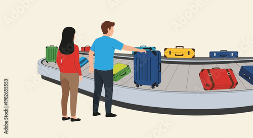 Man and woman at luggage carousel.