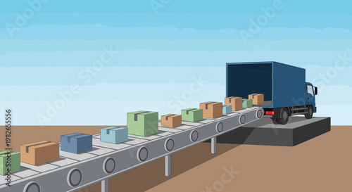 Large blue truck on conveyor belt.