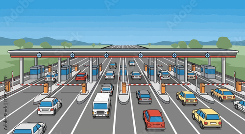 Toll booth with many cars passing.