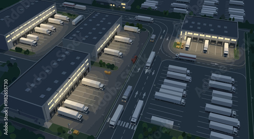 Trucks parked at loading docks facility.