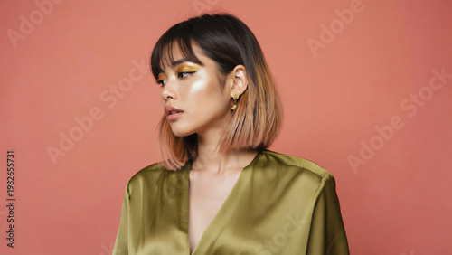 front view of fashion model with blond short hairs and wearing olive green shirt on pastel background.ai 