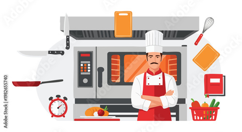 Chef in Professional Kitchen. Culinary Master. Restaurant Equipment. Food Preparation.