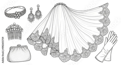 Vintage Wedding Accessories Collection Illustration.