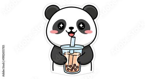 Cute cartoon panda enjoying a refreshing bubble tea drink with a straw, perfect for sticker design