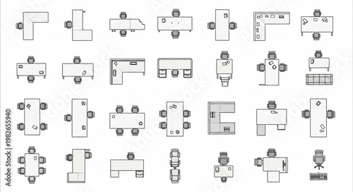 Top Down View Of Various Office Furniture Layouts And Designs.