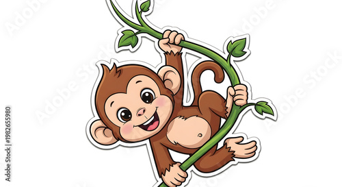 Cute cartoon monkey joyfully swinging on a jungle vine, exuding happiness and playful energy