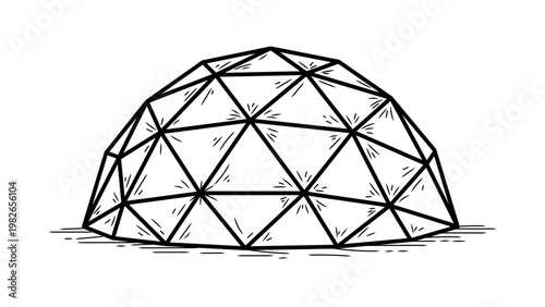 Minimalist Geodesic Dome Vector Illustration: A hand-drawn black line icon of a spherical architectural structure with triangular facets, ideal for engineering, science, and modern design projects.