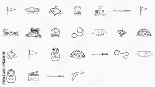 26 Minimalist Black Line Vector Icon Set: Hand-Drawn Illustrations of Monocle, Geodesic Dome, Matryoshka, Katana, Clapperboard, Treasure Chest, Zeppelin, Snow Globe, Spinning Top, and Physics