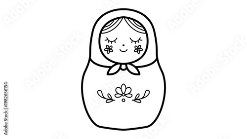 Minimalist Matryoshka Doll Vector Icon: Elegant Black Line Art Illustration of a Traditional Russian Nesting Doll with Floral Details, Hand-Drawn Style on White Background for Modern Design.