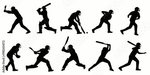 Set of various cricket action silhouettes featuring batting and fielding positions cricketer silhouette fielding competition equipment training exercise professional tournament