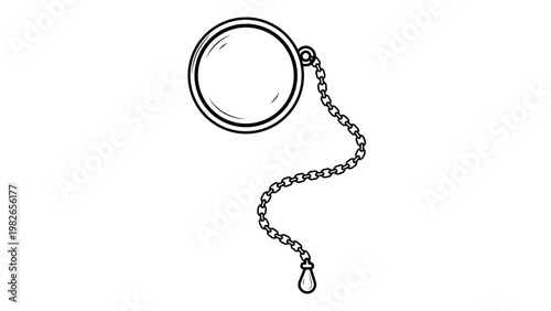 Minimalist black line vector icon illustration of a classic vintage monocle with a delicate chain and teardrop charm, hand-drawn outline style on a white background for elegant design projects.