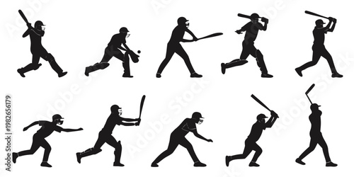 Set of black cricket player silhouettes in various action poses including batting and bowling with silhouette pitching cricketer equipment fielding training competitive professional