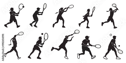 Various poses of tennis players in silhouette form for sport design and sports branding with silhouette movement activity competition training professional exercise illustration champion
