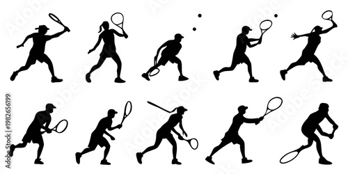 Set of black silhouettes of tennis players in action poses isolated on white background with silhouette competition training exercise tournament professional character illustration