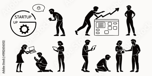 Set of black silhouette icons depicting startup business development processes and teamwork activities with business development teamwork management strategy collaboration marketing