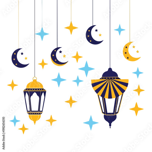 Ramadan Lanterns and Crescent Moons Decoration. Islamic Festive Elements. Graphic Design.