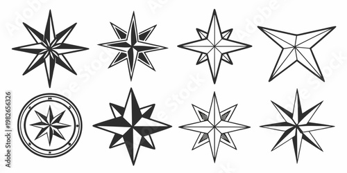 Set of various compass stars and nautical navigation symbols in black and white with graphic design element star set shapes collection nautical navigation elements collection