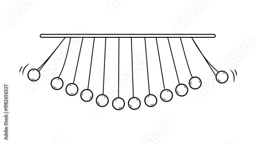 Minimalist black line vector icon of a pendulum wave or Newton's cradle on a white background. Hand-drawn outline illustration representing physics, momentum, kinetic energy, and rhythmic motion.