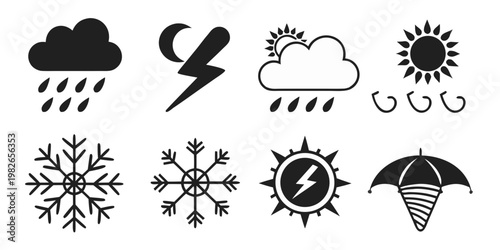 Weather icon set featuring clouds rain lightning sun wind snowflake and umbrella symbols forecast meteorology elements collection lightning snowflake umbrella silhouette interface