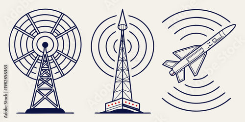 Set of linear icons representing radar communication towers and rocket launch technology with communication technology broadcast military aerospace illustration telecommunication
