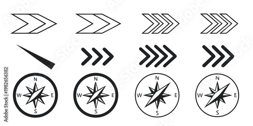 Set of navigation arrows and compass rose icons for map and directional interface design with navigation direction directional pointing pointers interface collection minimalist elements