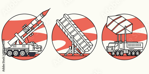 Military missile launcher and radar defense systems vector icons with launcher military artillery strategic security illustration