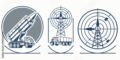 Set of military radar and missile launch platform graphic icons with launcher military communication technology artillery transport security circular engineering detection monitoring
