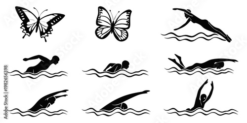 Vector set of swimming styles and butterflies icons with water sport swimming butterfly natation activity exercise training recreation silhouette collection graphics illustration