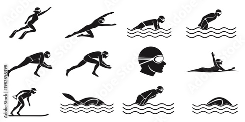Set of black and white swimming icons and swimming styles with water sport vector illustration swimming natation activity exercise training competition recreation lifestyle graphics