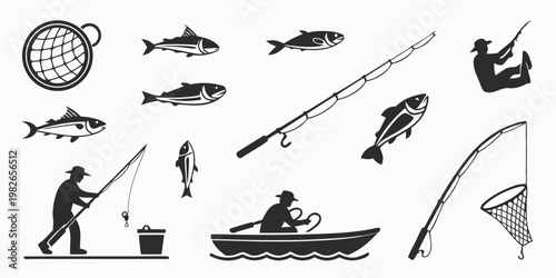 Fishing icon set with anglers boats fishing nets rods various fish recreation silhouette collection activity illustration equipment professional lifestyle vacation wildlife