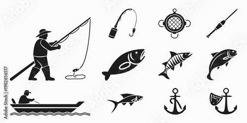 Set of isolated black and white icons representing fishing activities and equipment with silhouette recreation equipment activity vacation lifestyle professional wildlife navigation