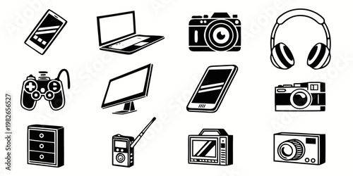 Black and white icon set of computers and digital electronics with technology electronics smartphone headphones multimedia hardware computing communication entertainment equipment