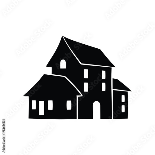 Black silhouette of a multi-story house with two extensions