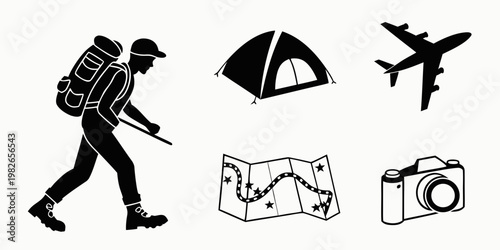 Hiking travel icons set with backpacker tent airplane map and camera black silhouettes traveling backpacker airplane adventure vacation silhouette navigation discovery transport