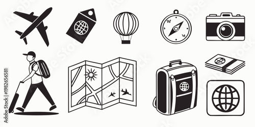 Travel themed icon collection including airplane traveler backpack passport and map with airplane passport backpack vacation adventure traveler destination exploration navigation