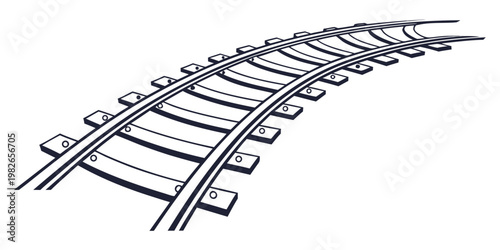 Detail oriented graphic illustration of curved train tracks with railway ties railroad transportation illustration locomotive industrial perspective monochrome direction destination