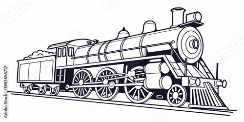 Vintage steam engine train side view graphic with transport systems old fashioned traveling by train steam locomotive railroad transportation transport industrial monochrome