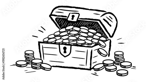 Open treasure chest filled with coins, minimalist black line vector icon illustration on white background, hand-drawn sketch style representing wealth, pirate gold, reward, and discovery.