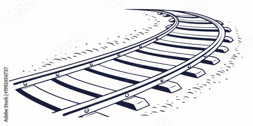 Monochrome illustration of curved railroad tracks receding into distance with cross section transportation infrastructure illustration monochrome locomotive industrial destination